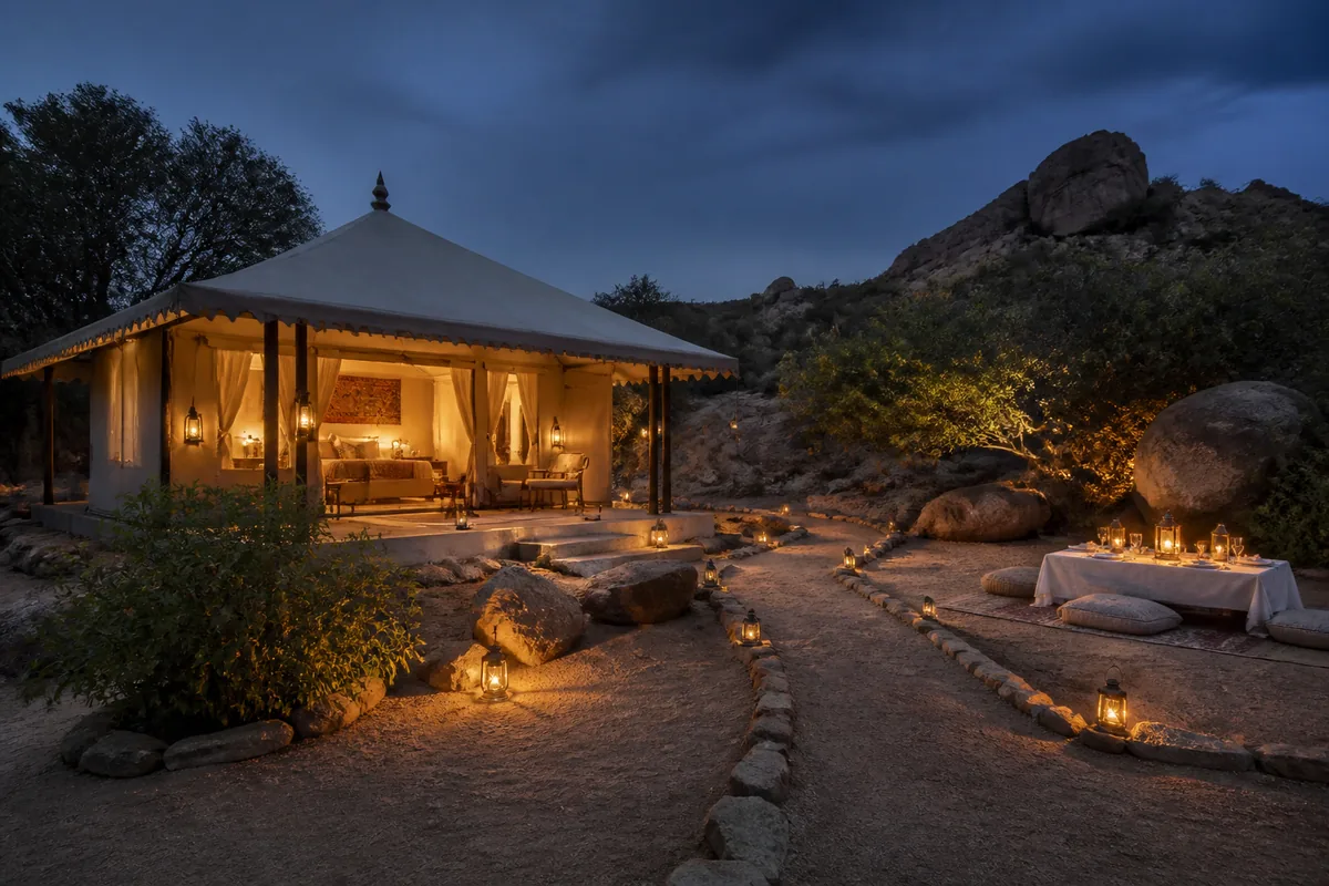 A lantern-lit tented camp in Jawai