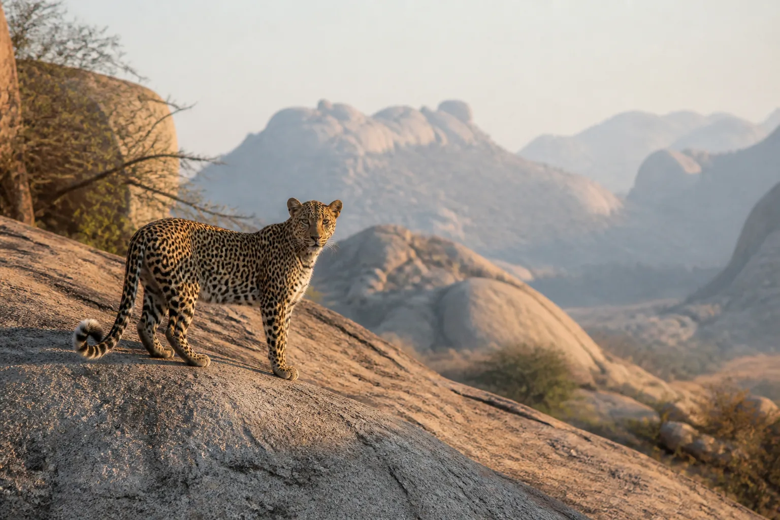 A wild leopard standing on Jawai's granite hills