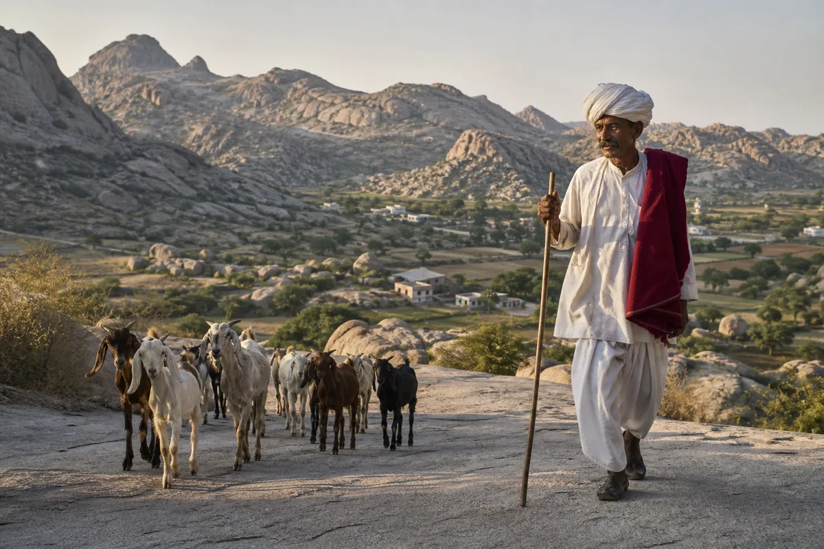 A Rabari shepherd walking with livestock in Jawai