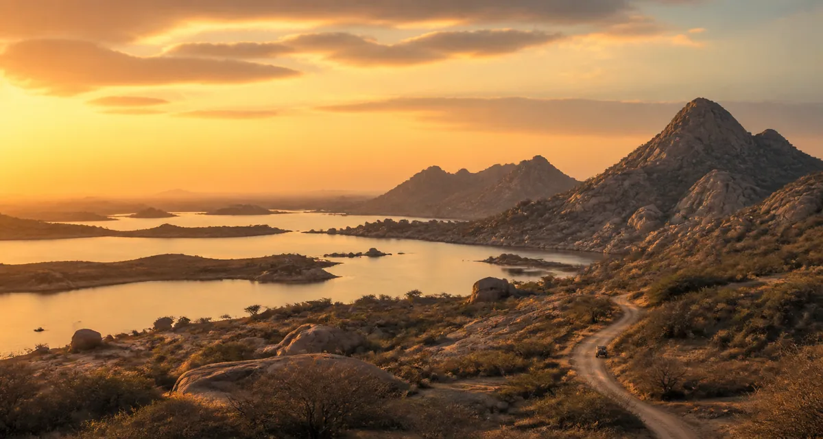 Sunset over Jawai's reservoir and granite hills